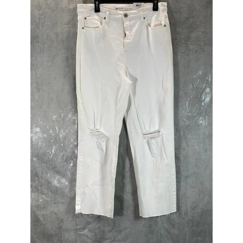 INC International Concepts Women's White Mid-Rise Raw Hem Straight-Leg Jean SZ14